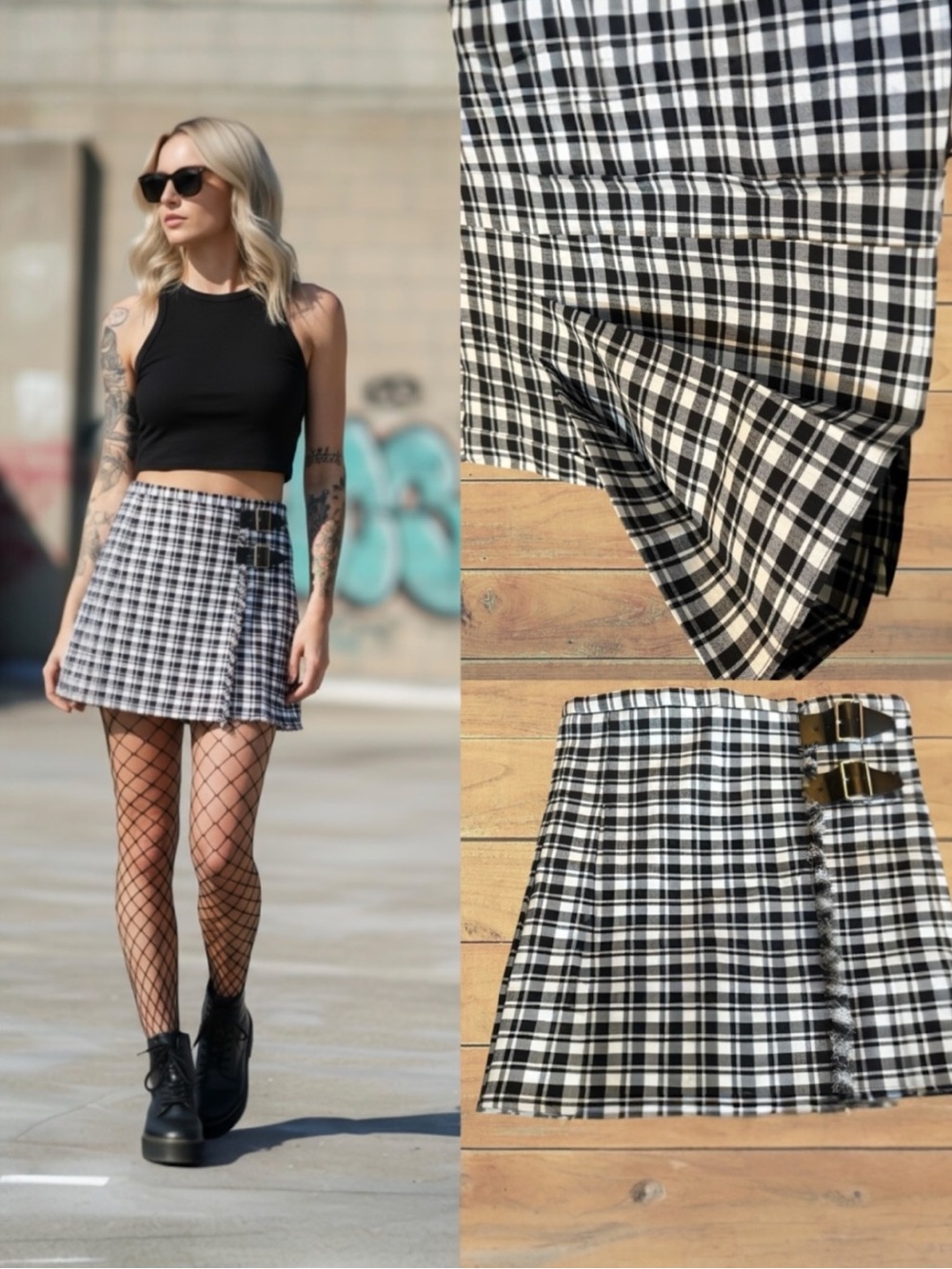 White Birch Plaid Pleated Wrap Kilt Mini Skirt Black - White With Buckles Small